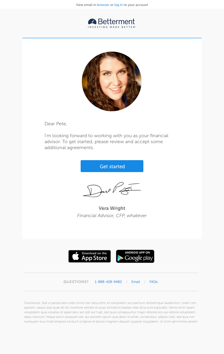 The first email a customer receives from their new advisor
