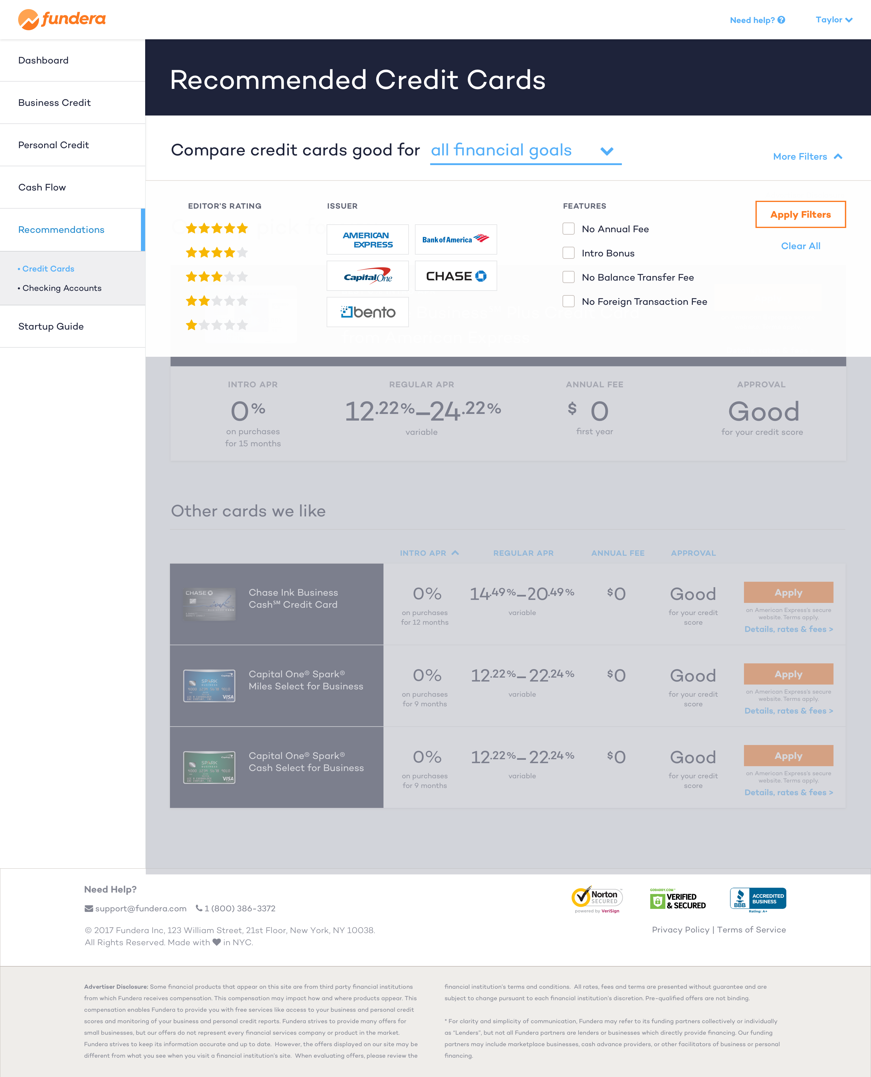 Fundera dashboard shopping experience